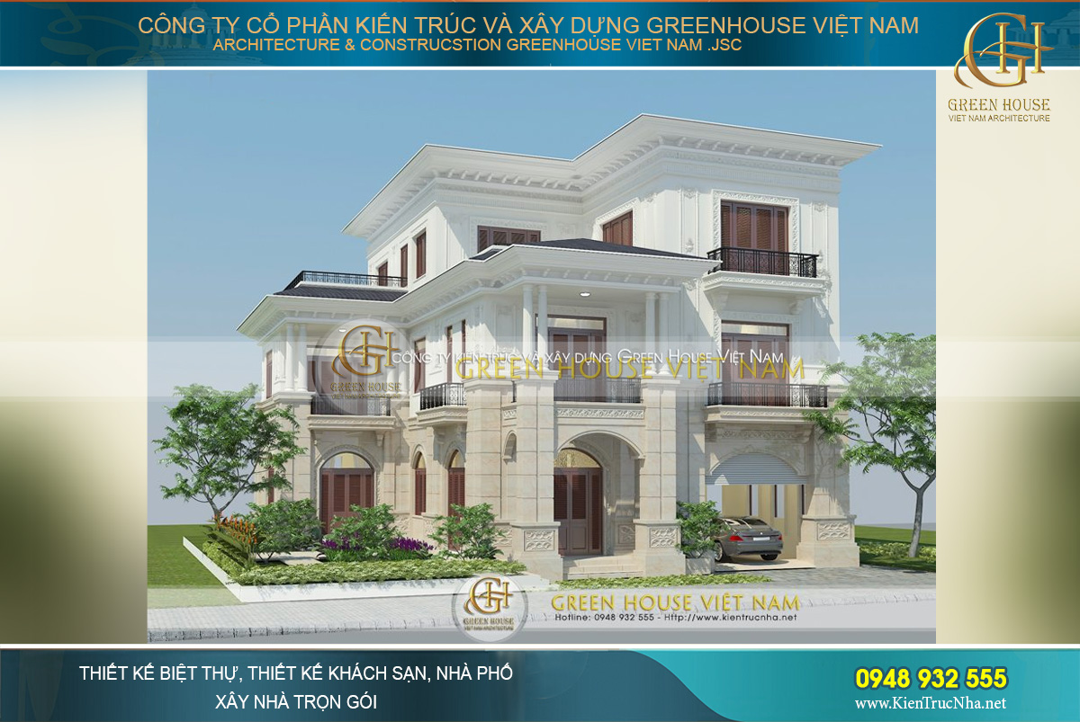 Biệt thự được thiết kế với tông màu trắng tinh khôi, sang trọng đặc trưng của lối kiến trúc cổ điển Pháp