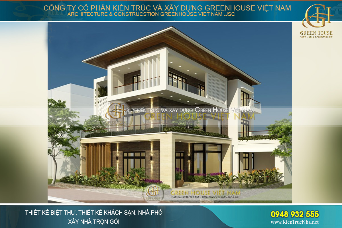 Sự kết hợp của 2 gam màu nâu ánh kim và trắng đã góp phần tạo lên sự sang trọng cho biệt thự