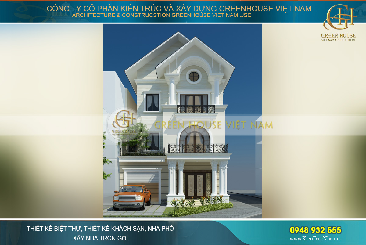 Phối cảnh mặt tiền của biệt thự tân cổ điển 3 tầng tại Bắc Giang