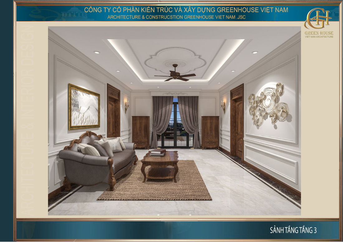Sảnh tầng 3 được bố trí bộ sofa để mọi người có thể trò chuyện hoặc đọc sách