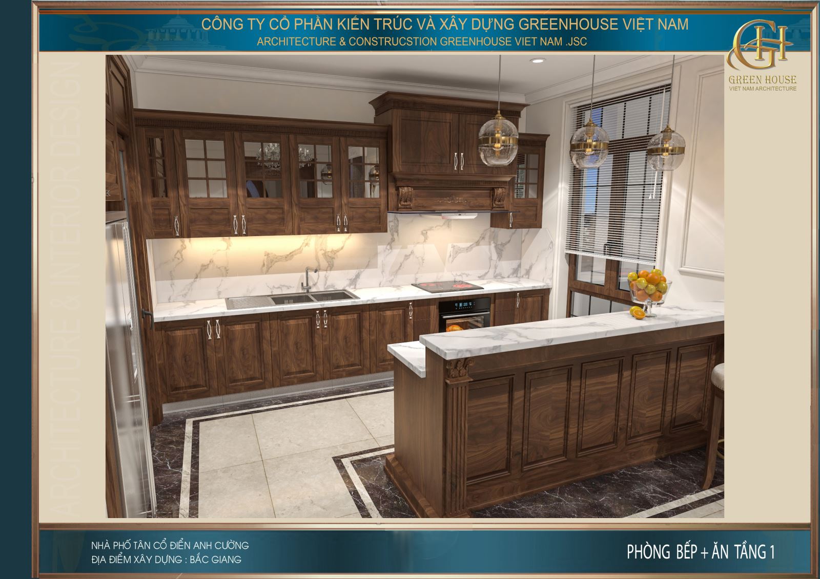 Thiết kế nội thất phòng bếp của biệt thự với nội thất gỗ và kiểu dáng đơn giản, tinh tế