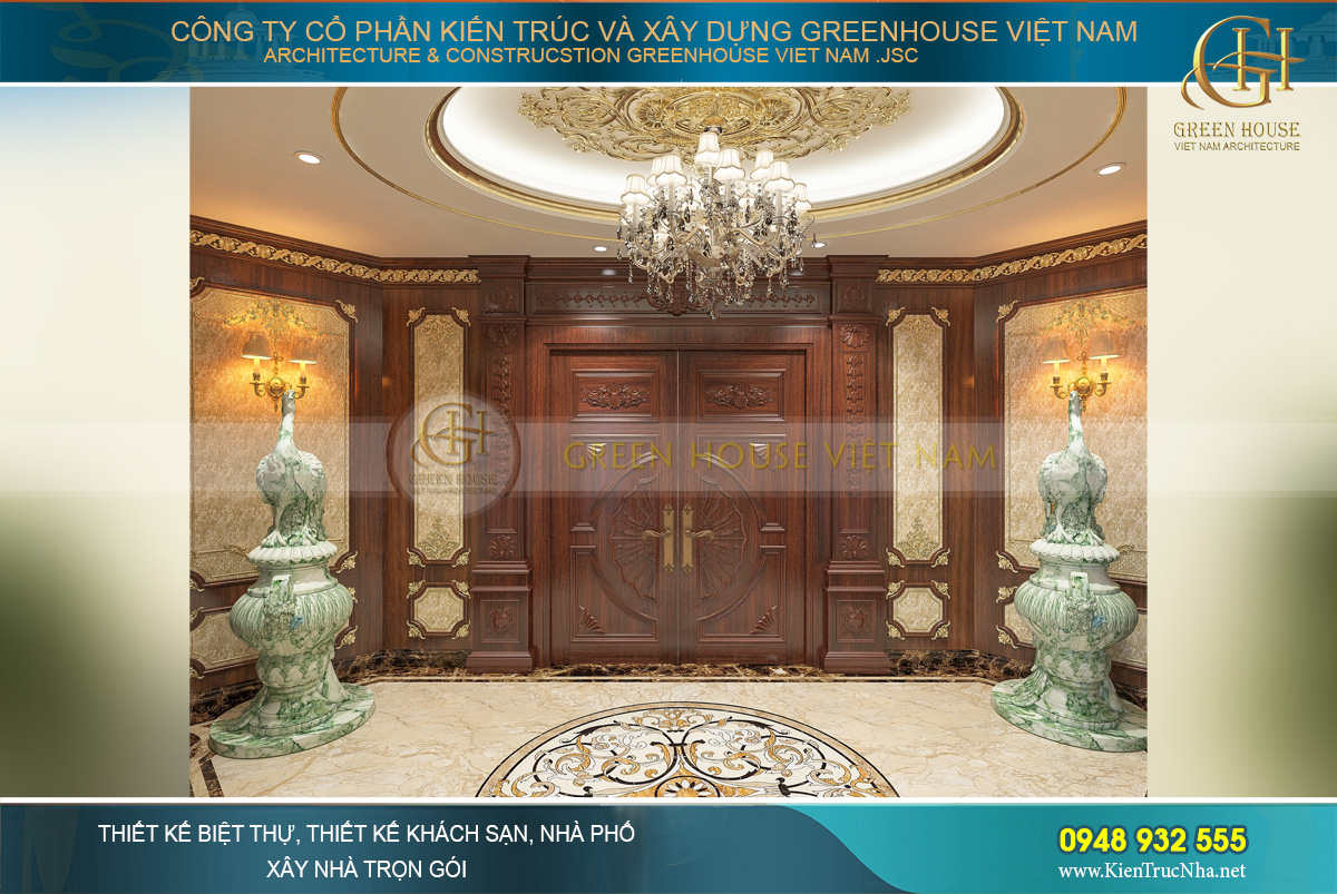 Sảnh tầng 1 với khung cửa gỗ cùng 2 bức tượng đá ngọc cỡ lớn vô cùng quý giá tạo cho người nhìn cảm giác như đang bước vào một cung điện của vị vua chúa đầy quyền năng và quy lực. 