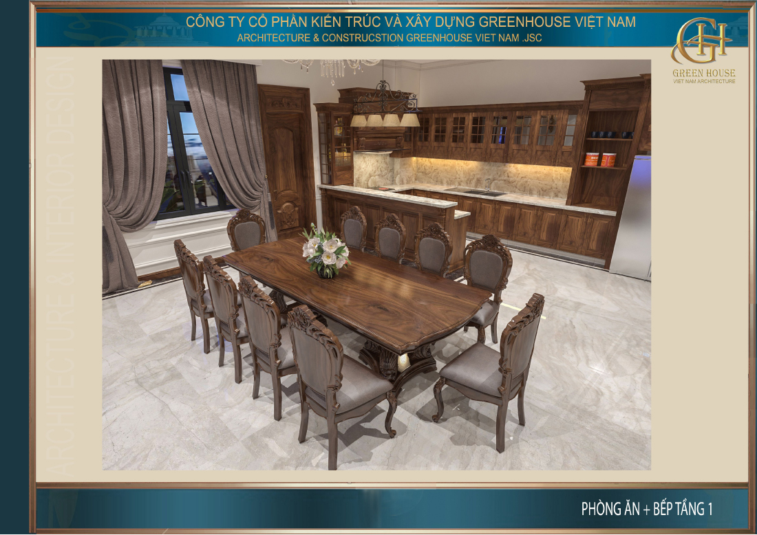 Toàn cảnh không gian phòng ăn của biệt thự tân cổ điển 4 tầng