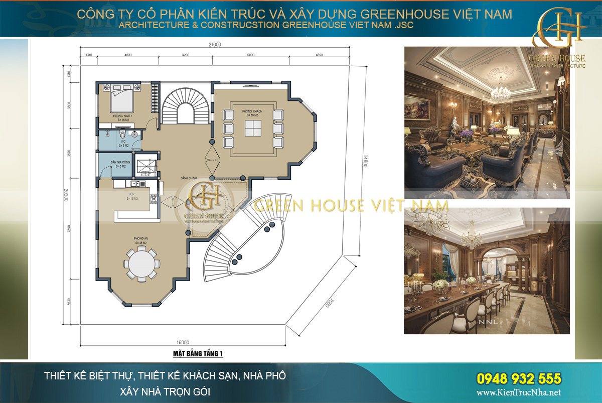 Khu vực chính của biệt thự nằm tại tầng 2 với phòng khách, phòng bếp và phòng ăn