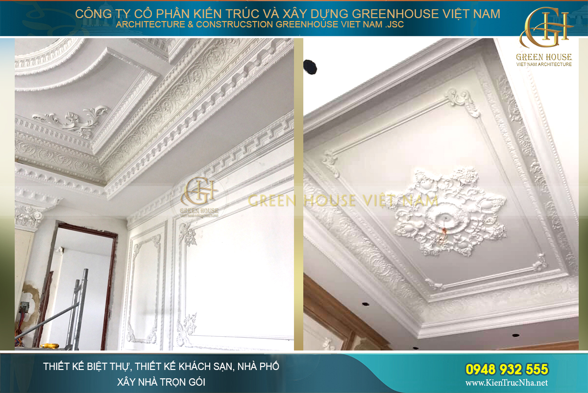 Phào chỉ thiết kế trần các tầng bên trong nổi bật.