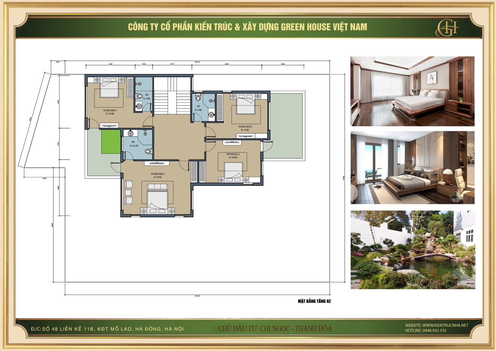 Mặt bằng tầng 2 với 03 phòng ngủ kèm vệ sinh khép kín