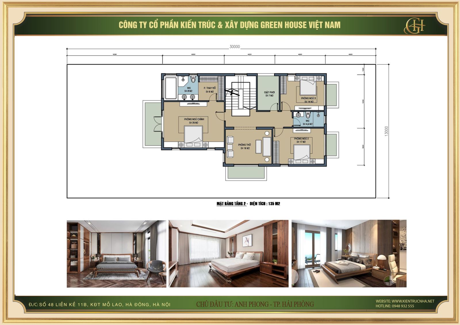 Mặt bằng tầng 2 bố trí 3 phòng ngủ, phòng thờ và các khu phòng tắm, vệ sinh khép kín 