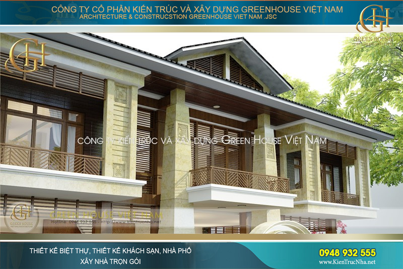 Tầng 2 của biệt thự Á Đông được thiết kế với các ban công lớn, tạo sự thông thoáng