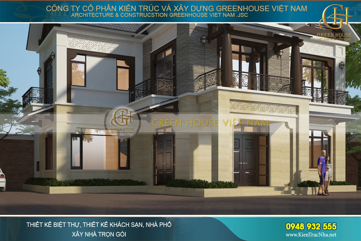 Nước sơn vàng kem kết hợp với màu nâu bóng sang trọng của gỗ tạo lên vẻ đẹp vừa hiện đại vừa truyền thống cho biệt thự