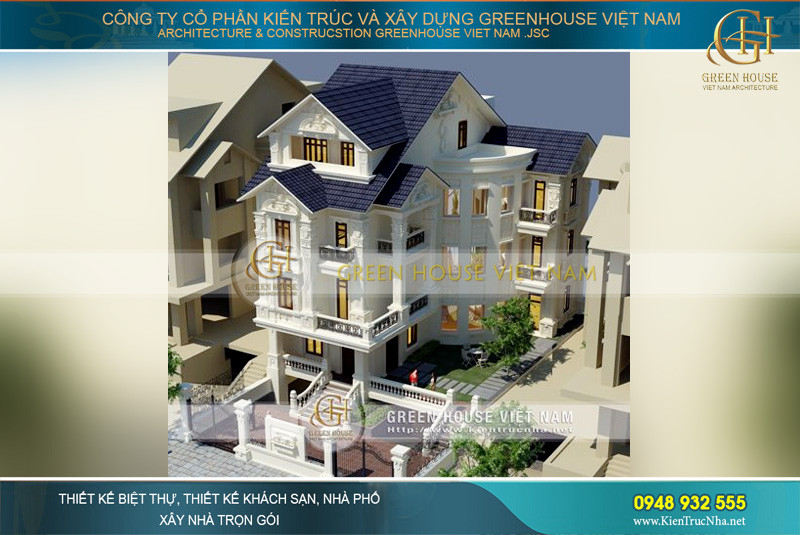 Biệt thự cổ điển 4 tầng tại Hà Nội được thiết kế với hình chữ L, có hầm để xe và sân vườn bao quanh