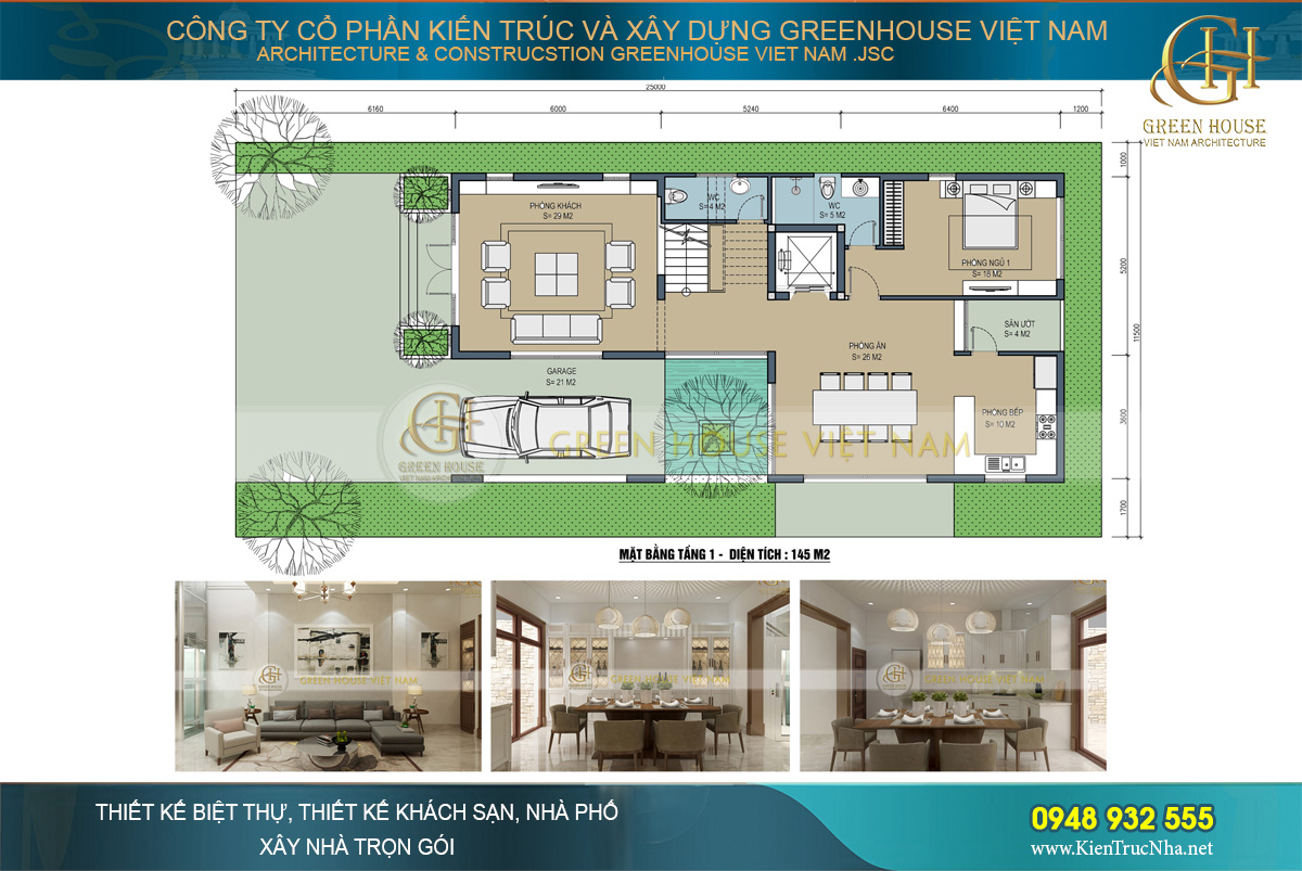 Mặt bằng công năng sử dụng của tầng 1 biệt thự hiện đại 3 tầng