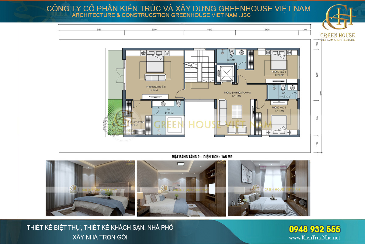 Mặt bằng công năng sử dụng của tầng 2 biệt thự hiện đại 3 tầng
