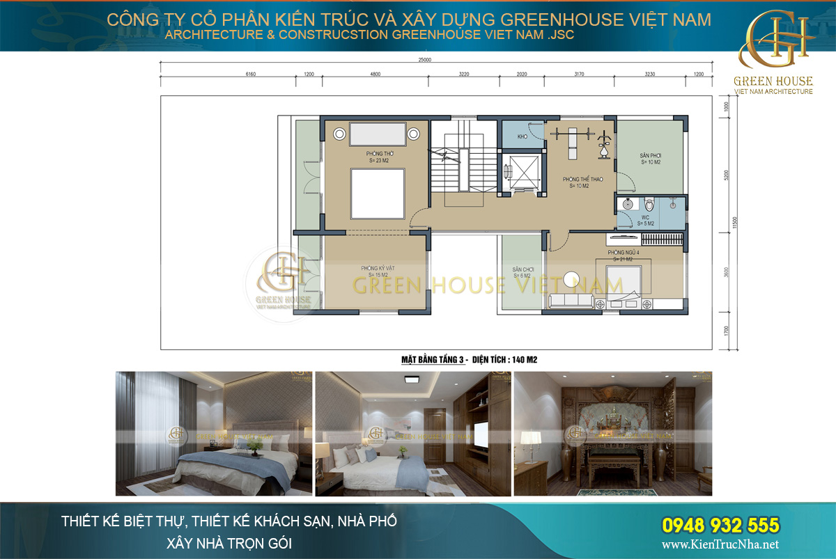 Mặt bằng công năng sử dụng của tầng 3 biệt thự hiện đại 3 tầng