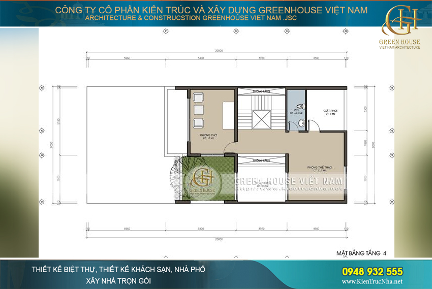 Thiết kế phòng thờ linh thiêng và phòng tập thể thao được bài trí tại tầng 4