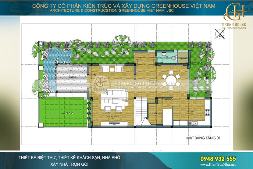 Diện tích sân vườn chiếm ưu thế khá lớn trong tổng thể khu đất