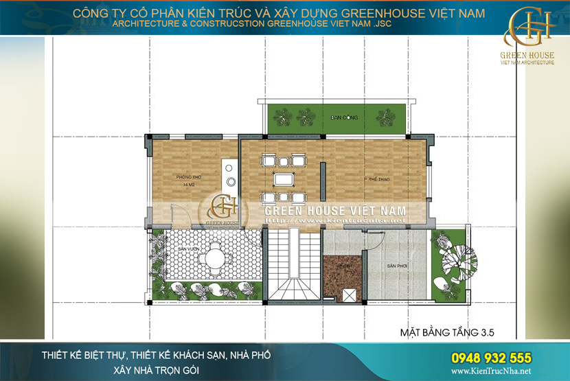 Không gian xanh tại tầng 4 của biệt thự với phòng giải trí, phòng thờ, phòng thể thao