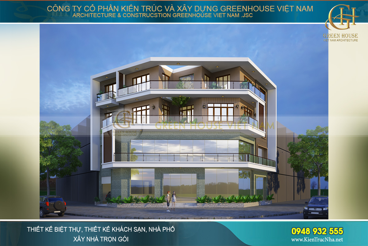 Phối cảnh kiến trúc độc đáo của biệt thự hiện đại 4 tầng 3 mặt tiền