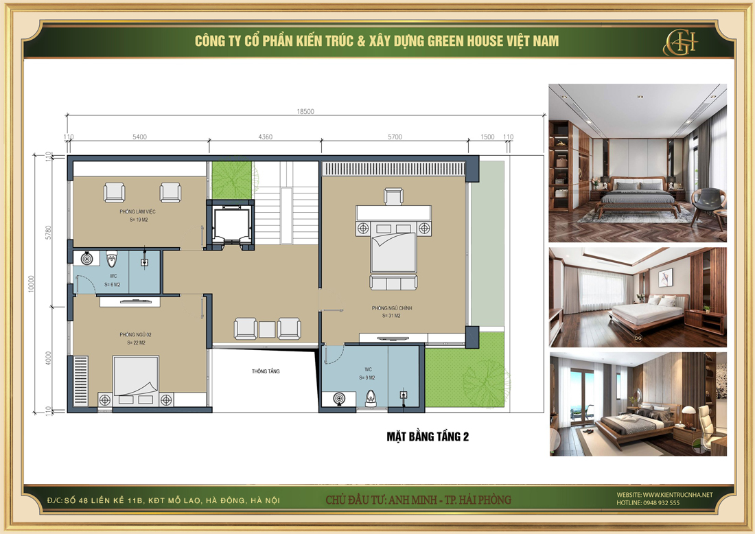 Bản vẽ mặt bằng tầng 2 của biệt thự hiện đại 4 tầng nhà anh Minh tại Hải Phòng