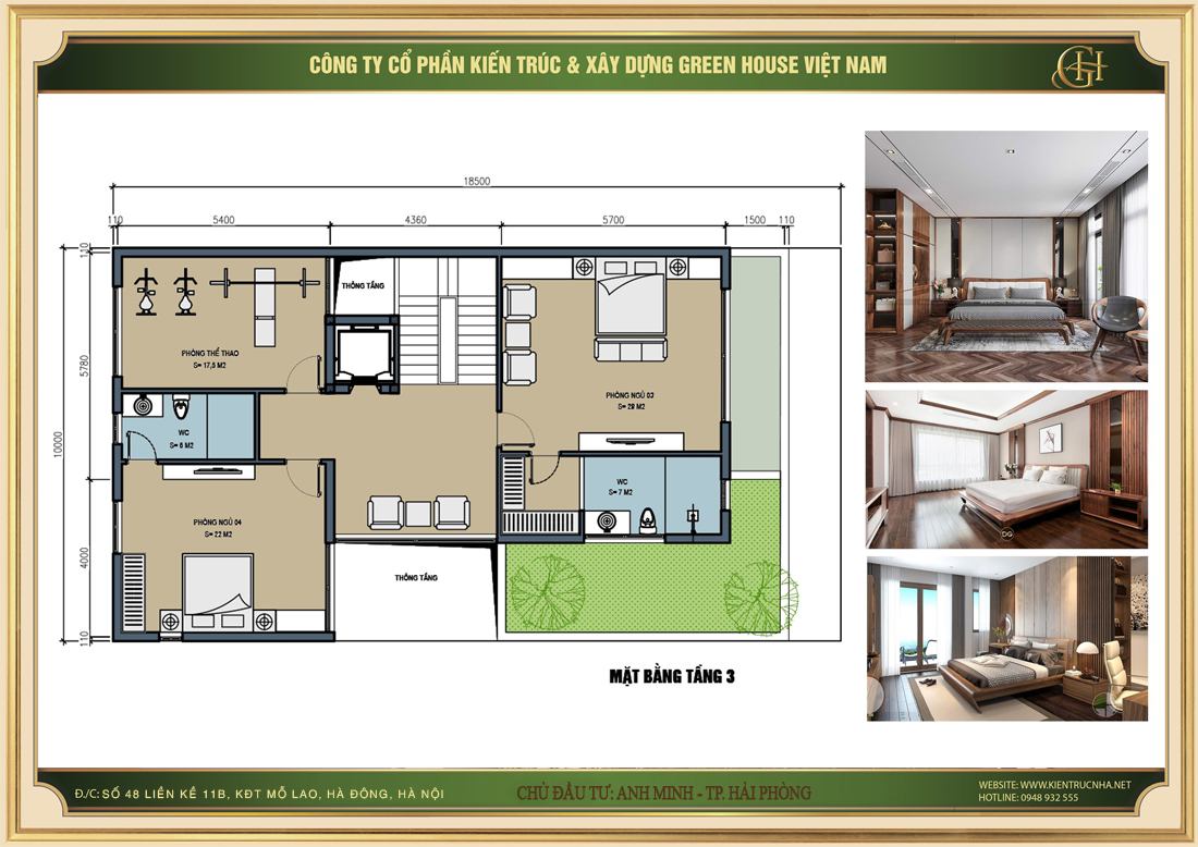 Bản vẽ mặt bằng tầng 3 của biệt thự hiện đại 4 tầng nhà anh Minh tại Hải Phòng