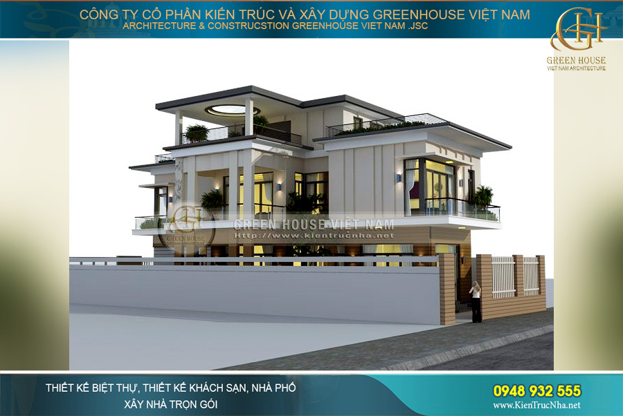 Nhìn từ xa, công trình biệt thự 3 tầng hiện đại đã hiện lên với vẻ đẹp nổi bật không thể nhầm lẫn