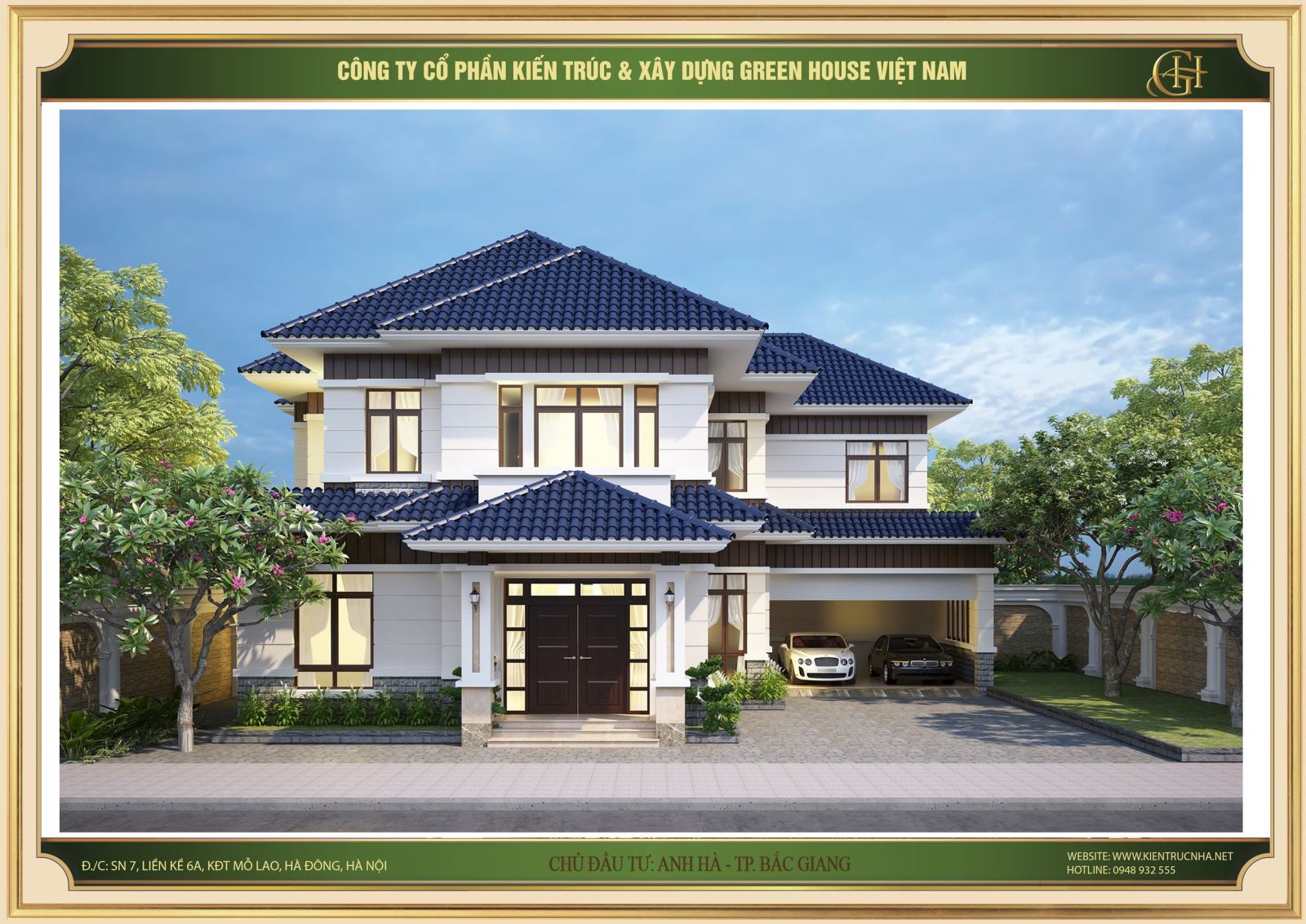 Biệt thự tân cổ điển thiết kế mái thái màu xanh sáng kết hợp với tone trắng mang đến dáng dấp vô cùng hài hòa