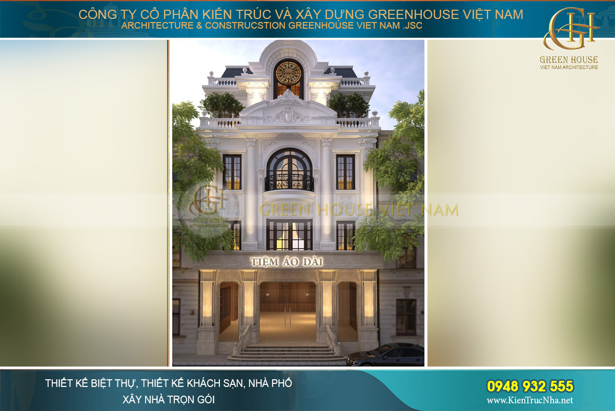 Mẫu biệt thự tân cổ điển 3 tầng kết hợp kinh doanh tiệm áo dài độc đáo