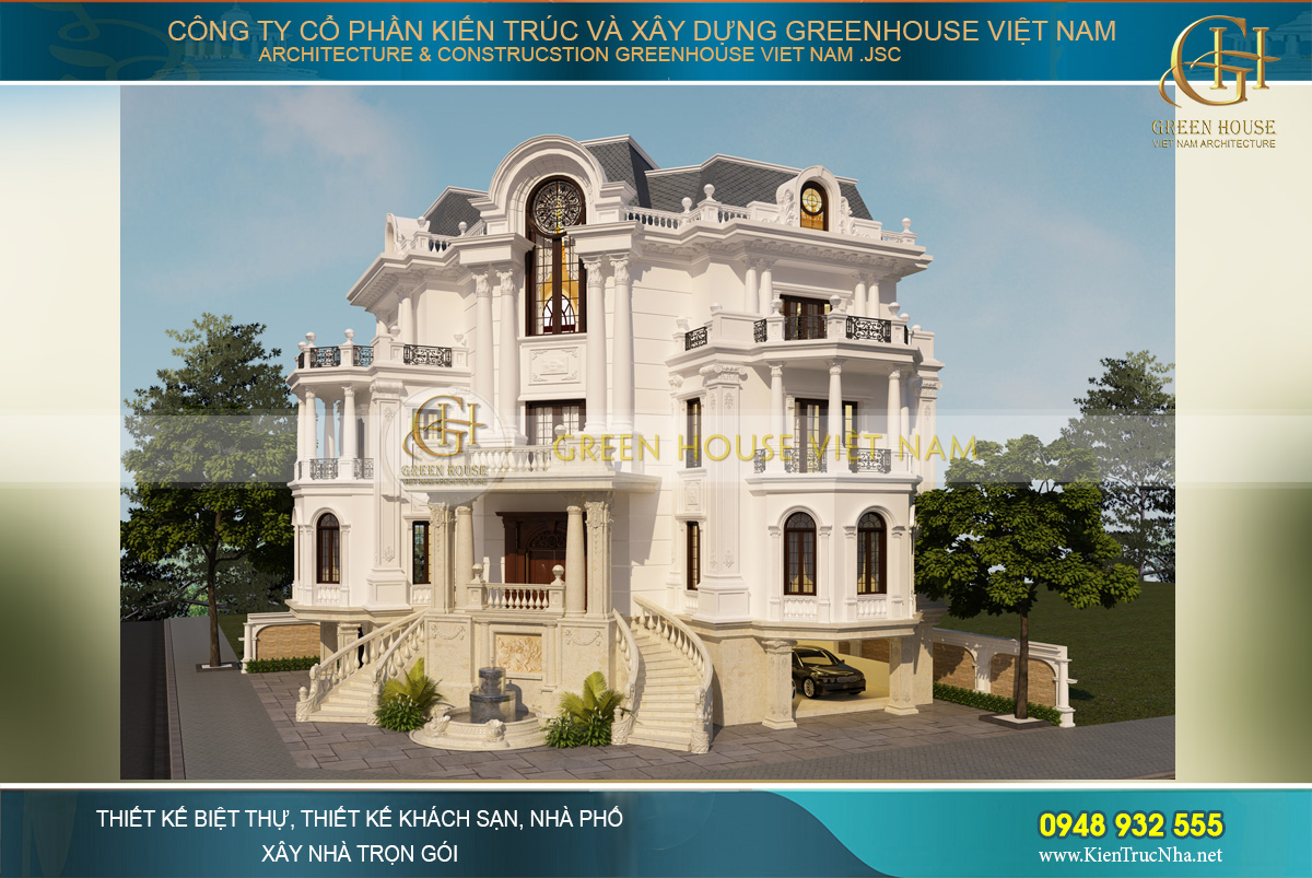 Thiết kế biệt thự cổ điển Pháp 4 tầng xa hoa, lộng lẫy - Green House Việt Nam