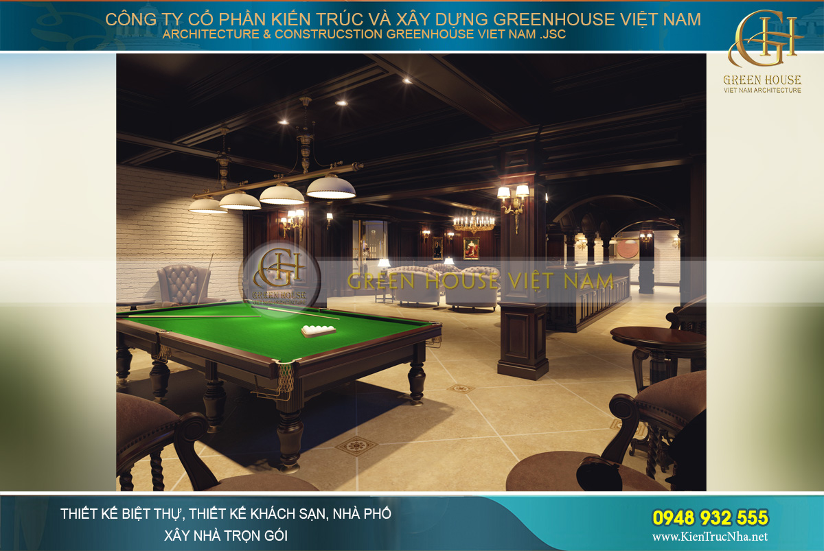 Không gian tầng bán hầm của dinh thự cổ điển với khu vực giải trí, quầy bar đẳng cấp