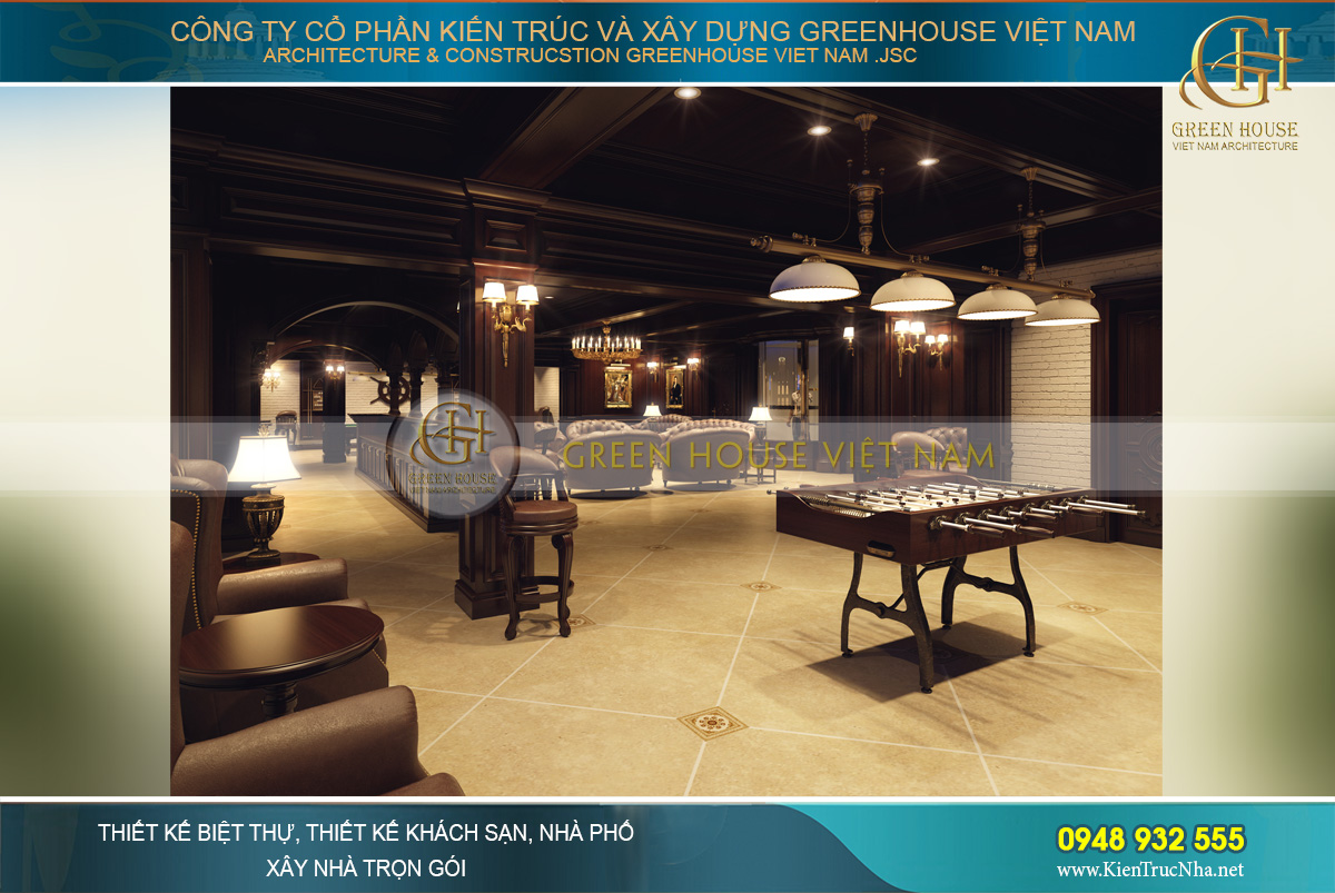 Tầng bán hầm được sử dụng tone màu gỗ trầm cùng nội thất gỗ, sofa da sang trọng