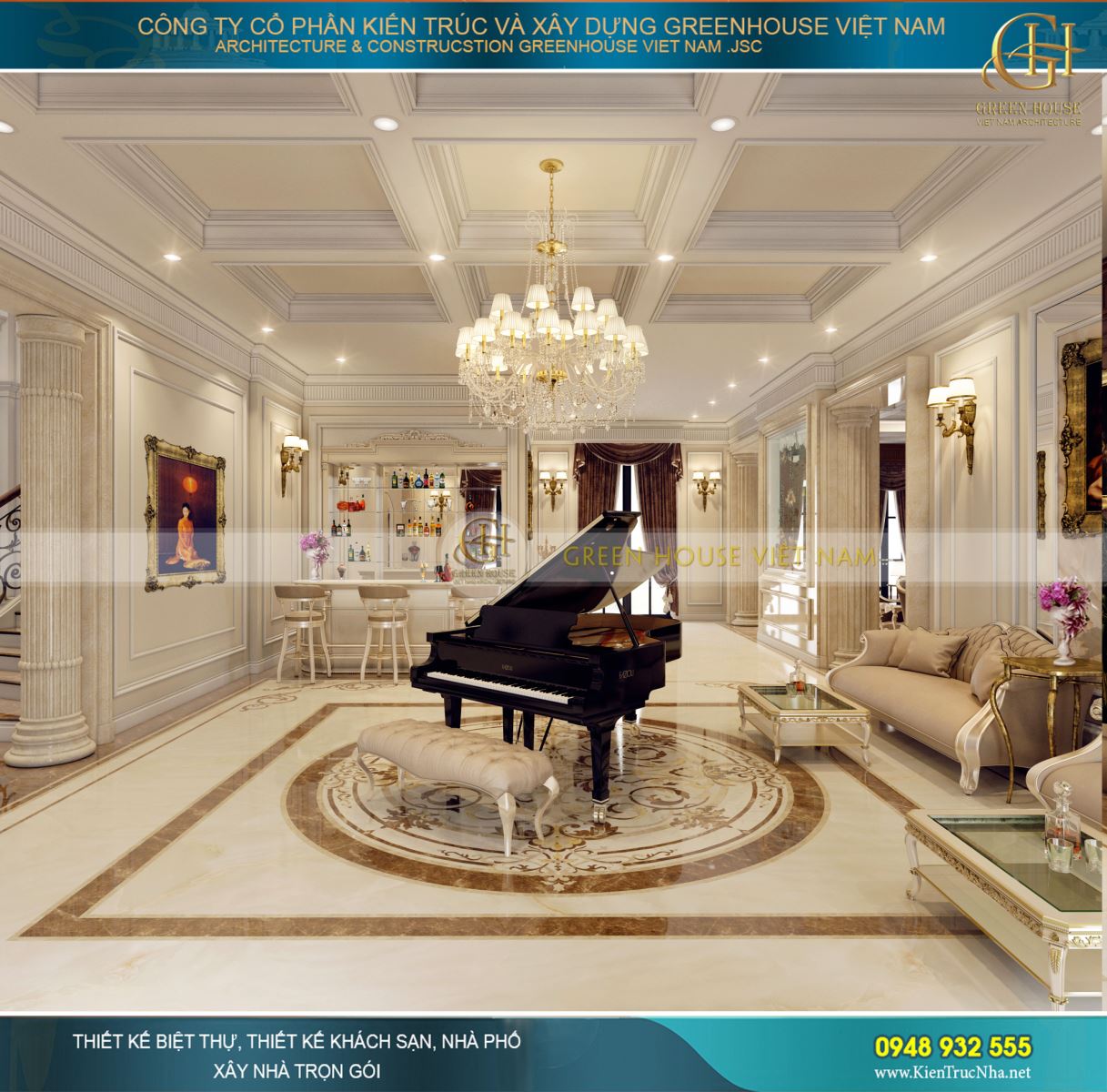 Bên phải đại sảnh là không gian của phòng khiêu vũ với sắc trắng ngập tràn, đẹp như ảo mộng