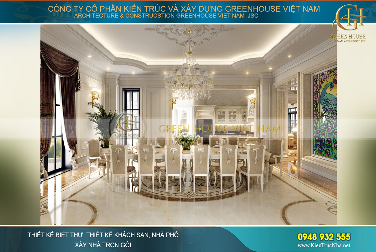 Bên cạnh là phòng đại tiệc với bàn ăn hoàng gia 14 ghế phục vụ những bữa tiệc sa hoa, đẳng cấp