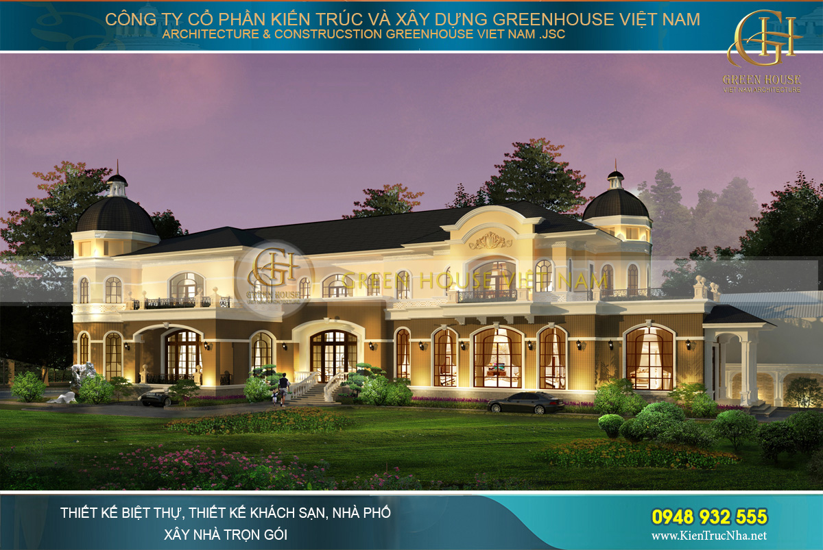 Toàn cảnh thiết kế dinh thự tân cổ điển với khu vực sân vườn rộng lớn, ấn tượng