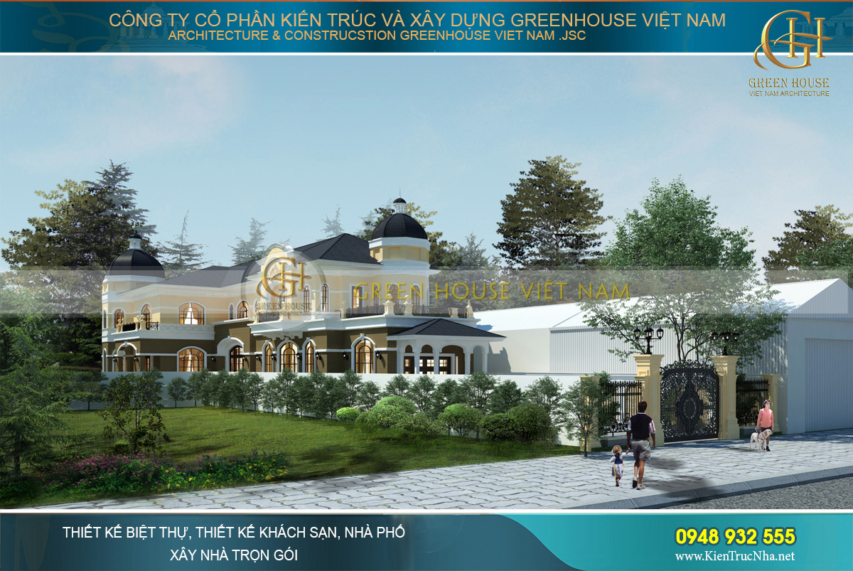Mặt tiền ngôi dinh thự 2 tầng tân cổ điển hướng ra mặt đường chính, thích hợp cho các chủ đầu tư yêu thích kinh doanh tại gia