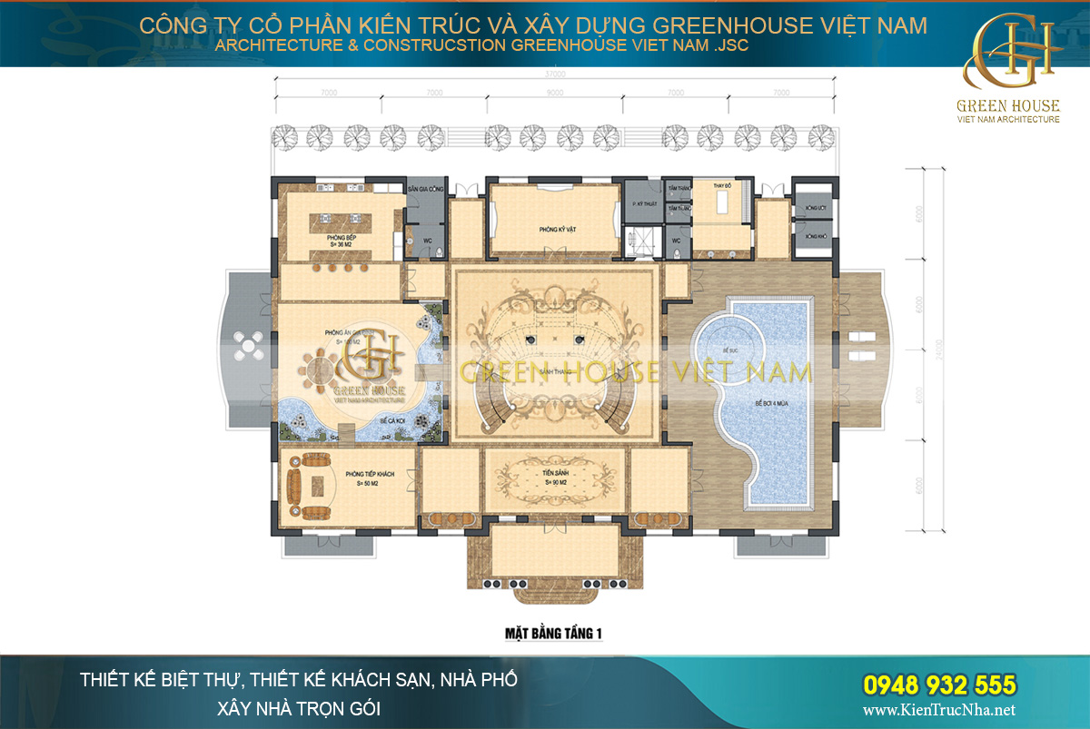 Mặt bằng tầng 1 của dinh thự tân cổ điển với các không gian đẳng cấp, sang trọng