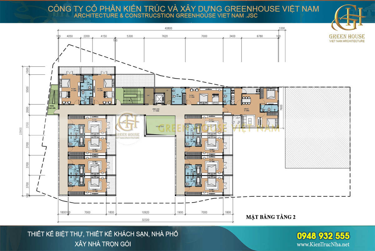 Bố trí công năng sử dụng của tầng 2 với các phòng loại 1 – 1 giường đôi