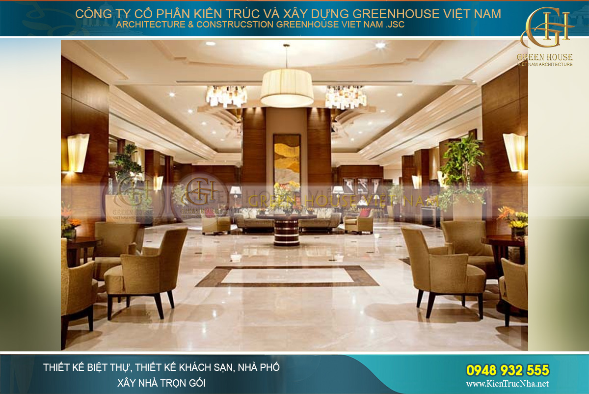 Đại sảnh rộng lớn với quầy tiếp tân và nơi nghỉ chân của khách
