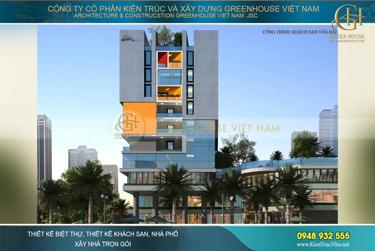 Mặt tiền của khách sạn hiện đại 10 tầng với kiến trúc độc đáo thời thượng