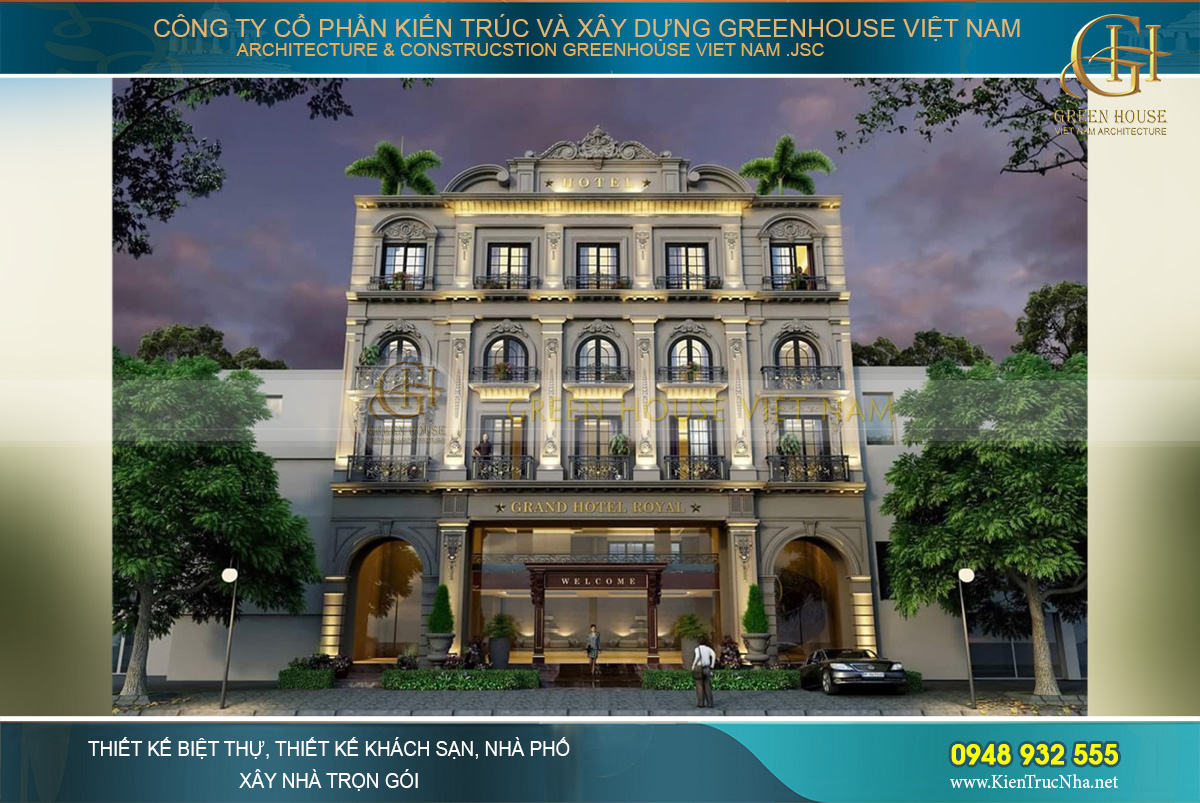 Thiết kế khách sạn tân cổ điển 5 tầng đẹp sang trọng, thu hút mọi khách hàng