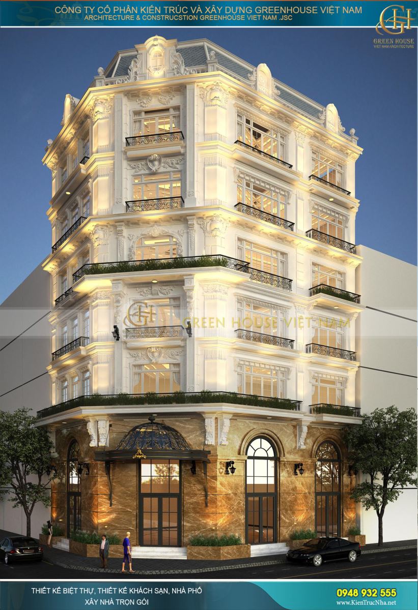Một góc nhìn khác của khách sạn tân cổ điển 6 tầng với 3 mặt tiề khi phố lên đèn