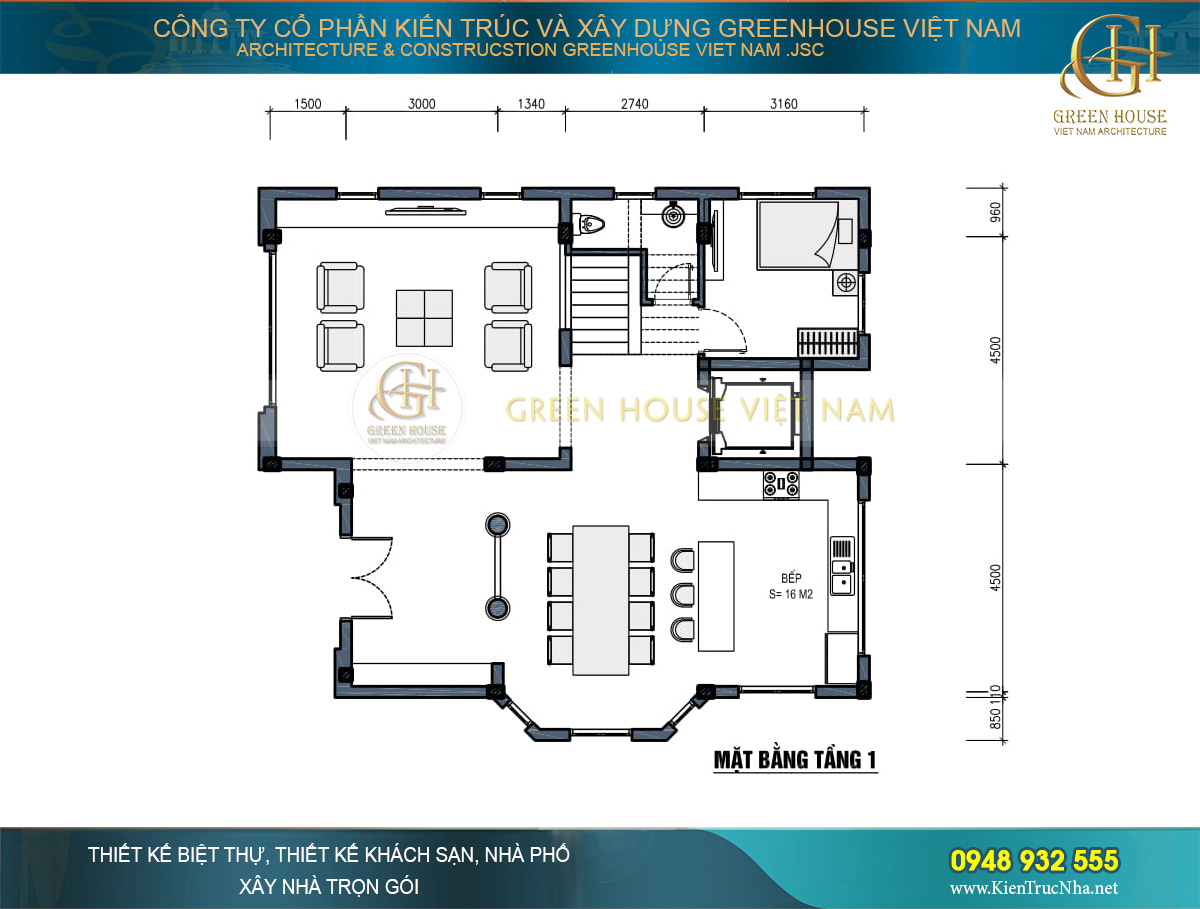 Mặt bằng công năng tầng 1 của biệt thự 3 tầng tân cổ điển