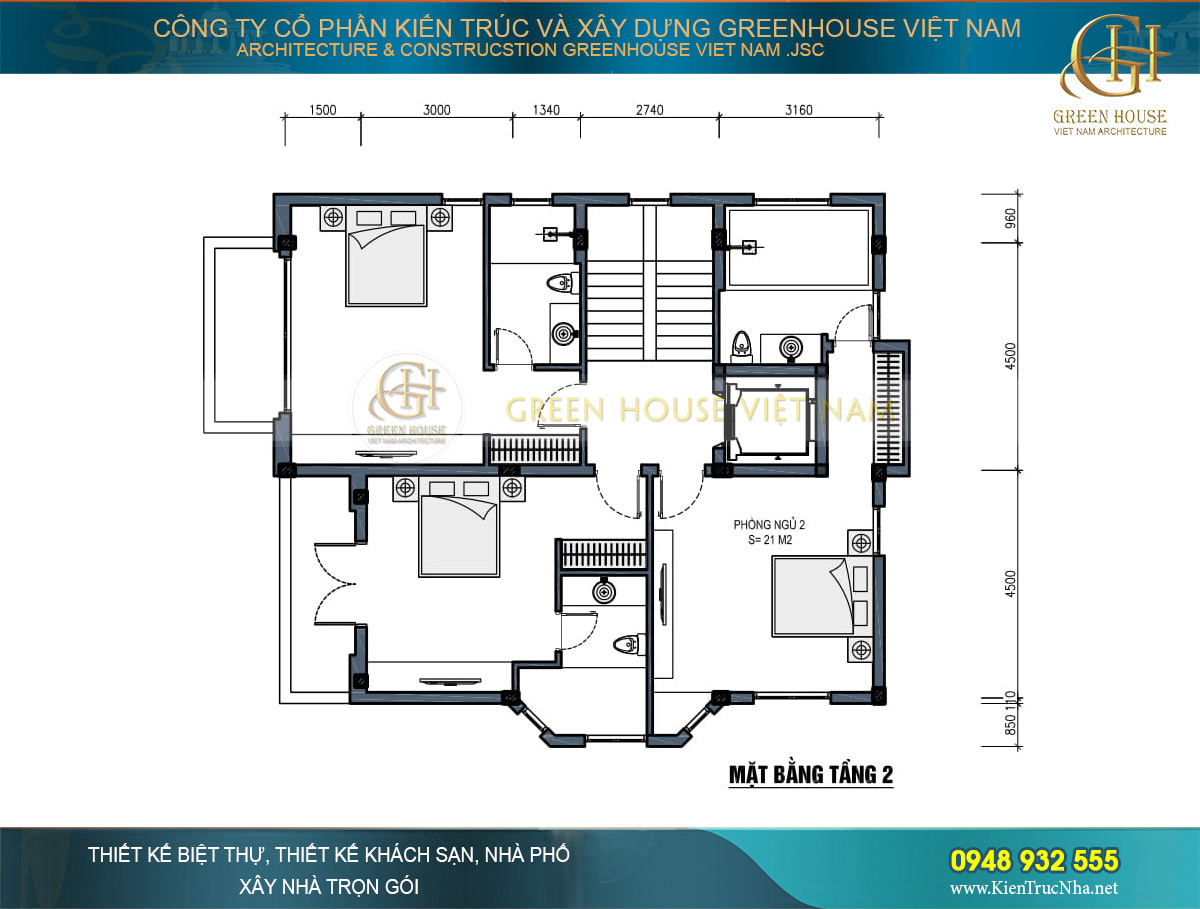 Tầng 2 của biệt thự tân cổ điển là không gian dành cho 3 phòng ngủ