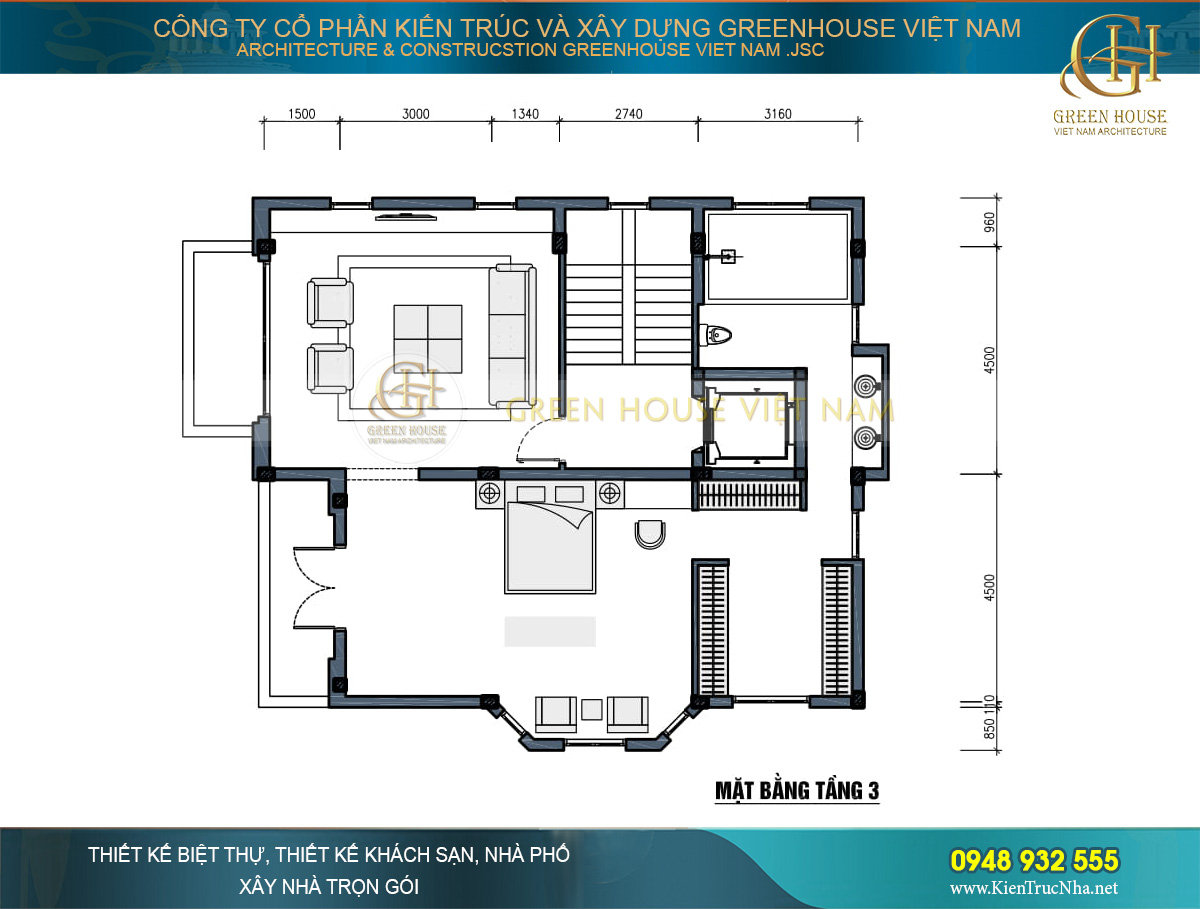Trên tầng 3 là 1 phòng ngủ lớn, 1 phòng SHC và 1 phòng thờ