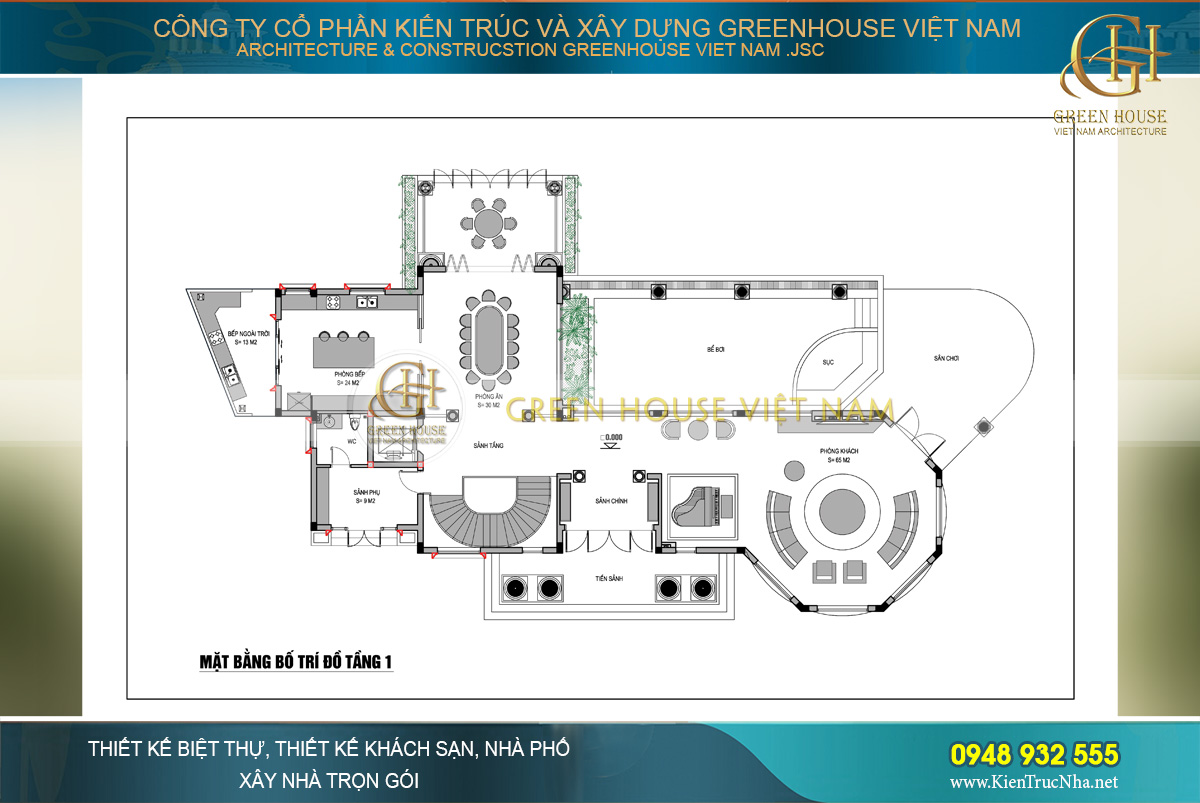 Mặt bằng công năng sử dụng của tầng 1 biệt thự tân cổ điển tại Vinhomes Riverside