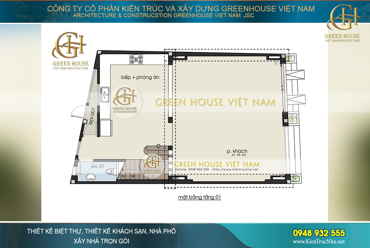 Khu vực mặt bằng tầng 1 được dành riêng cho không gian phòng khách và phòng bếp cùng phòng ăn