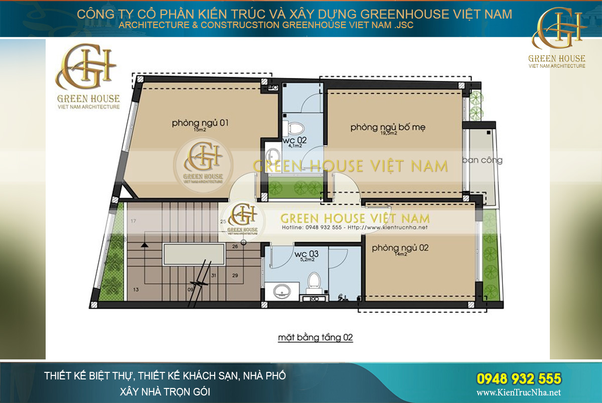 Phòng ngủ gia đình được bố trí riêng tại tầng 2