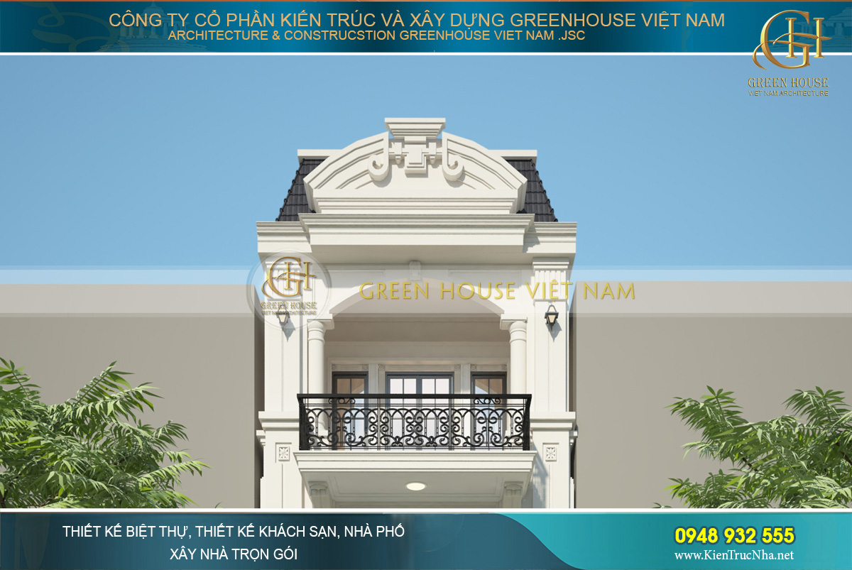 Hệ mái mansard cùng bức phù điêu trên mái nhà là điểm nhấn hoàn mỹ của nhà phố tân cổ điển