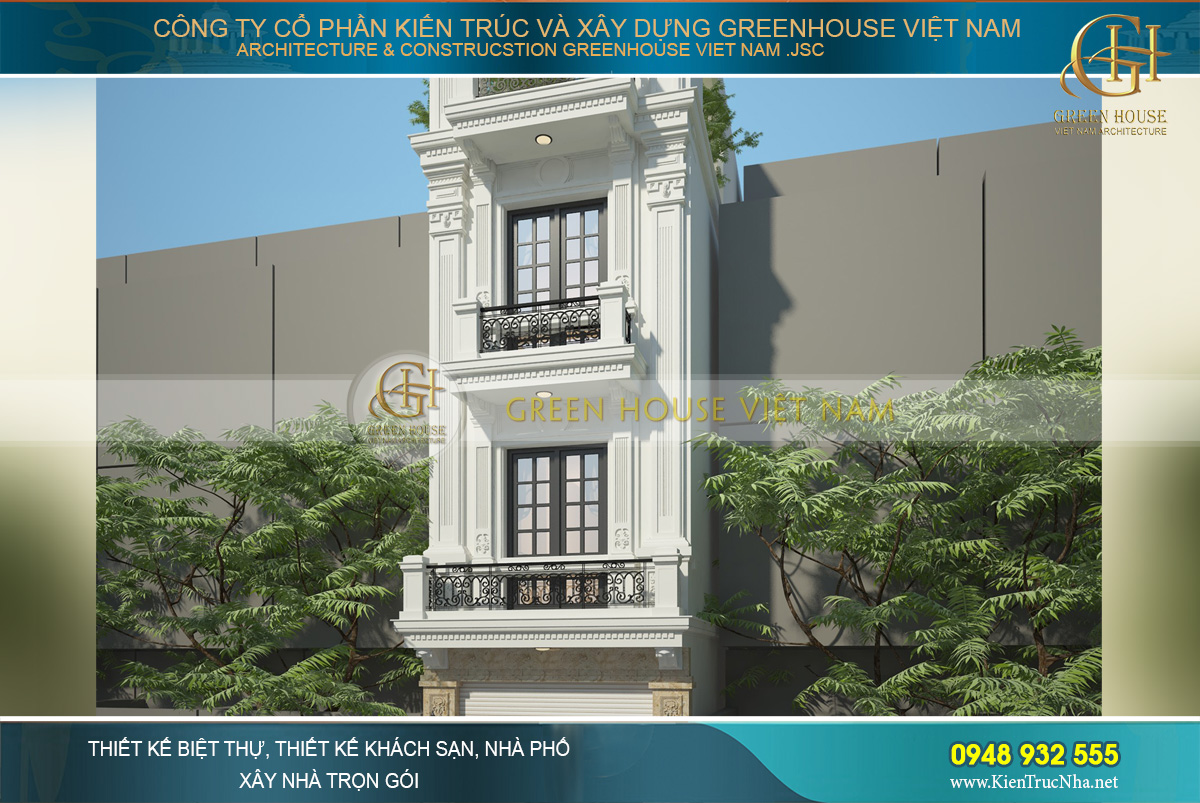 Tầng 2 và tầng 3 được bao phủ bởi lớp sơn trắng với hệ thống lan can sắt sơn đen ấn tượng