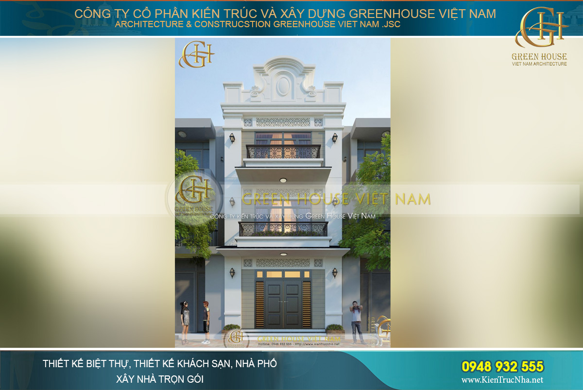 Bản vẽ thiết kế 3D toàn cảnh mặt tiền sang trọng của ngôi nhà phố