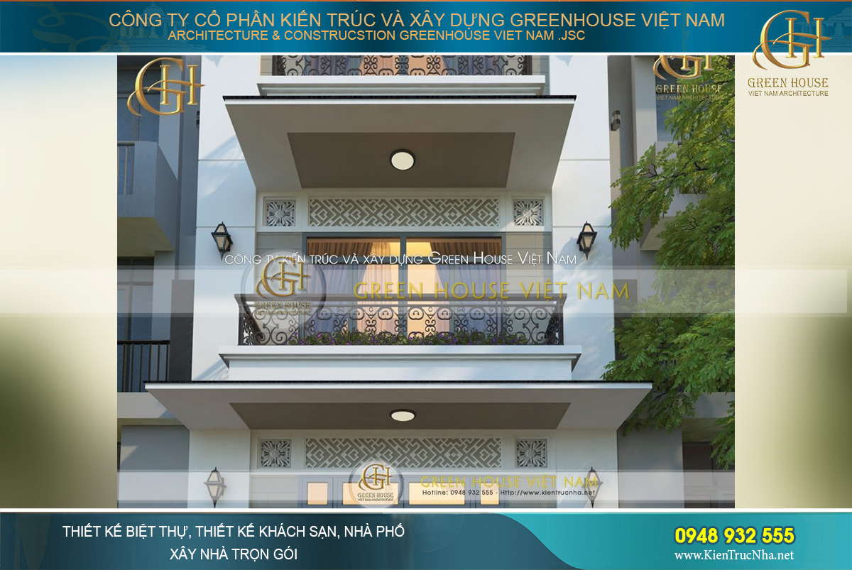 Cận cảnh chi tiết trang trí hoa văn cho mặt tiền nhà phố 3 tầng tân cổ điển