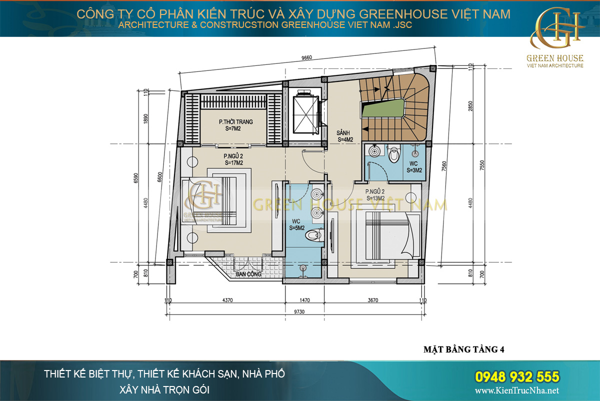 Thiết kế mặt bằng công năng của tầng 4 nhà phố hiện đại 70m2